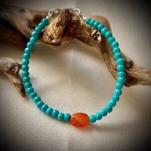 Dainty Minimalist Turquoise with Oval Shape focal Center Carnelian Bracelet,